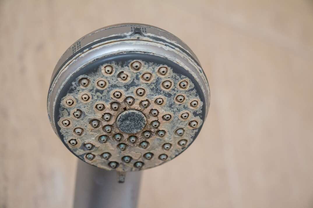 Hard water deposit and rust on shower tap