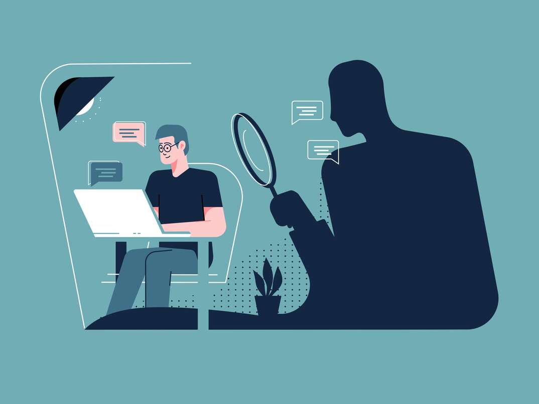 illustration of a person on a computer with a shadow figure looking over them