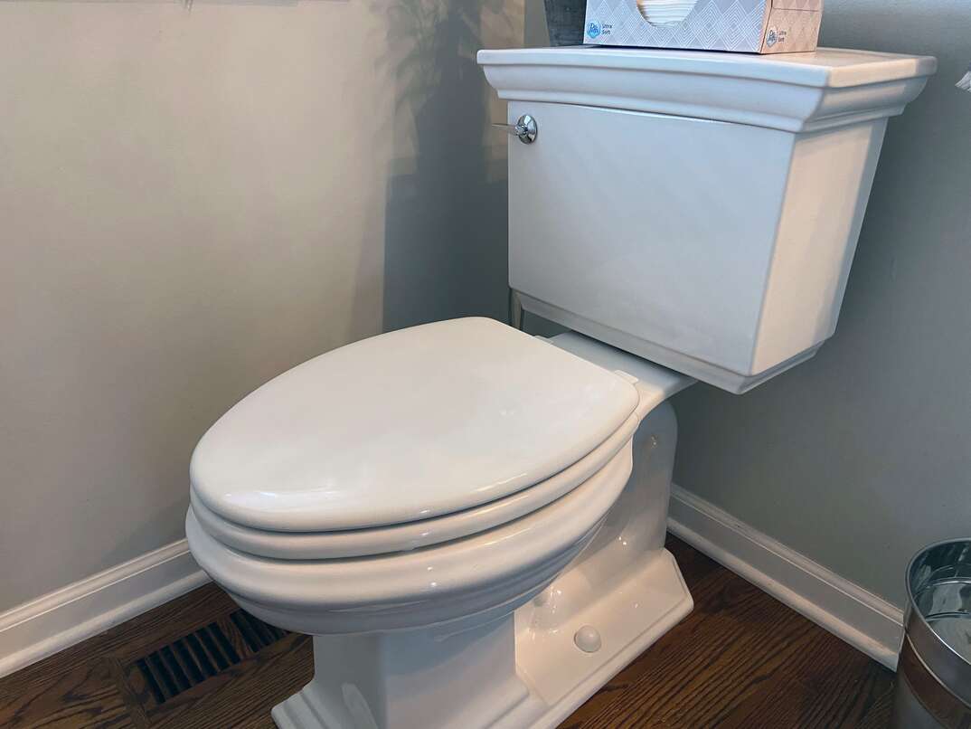 a step-by-step instructional guide to replacing a toilet seat  In a residential home with hardwood floors, we see a new Kohler toilet