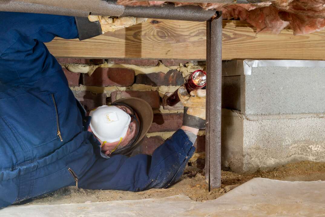 Inspecting insulation on an incoming residential crawlspace waterline.