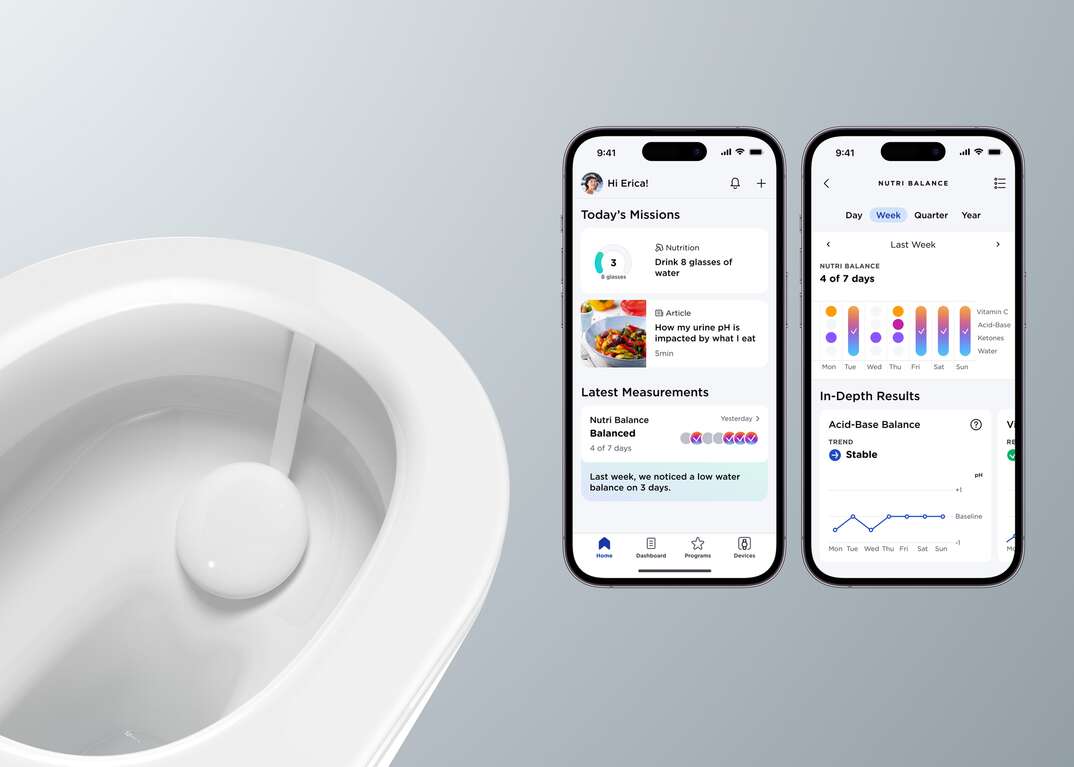 A white toilet bowl with a Whithings brand U Scan urinalysis device inside it is shown next to a pair of smartphone screens displaying data