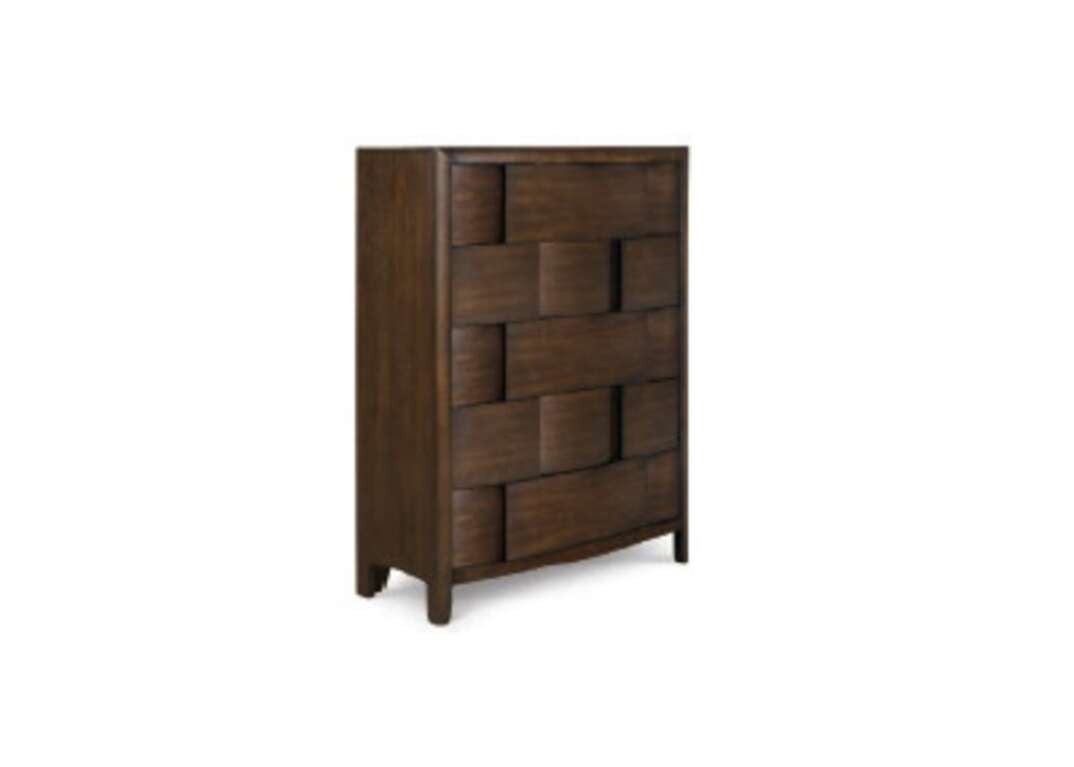 Dark brown 5-drawer chest of drawers with a woven pattern on the face