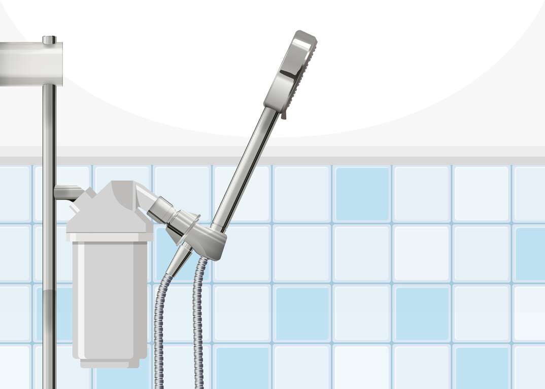 illustration of a showered with a water softener attached