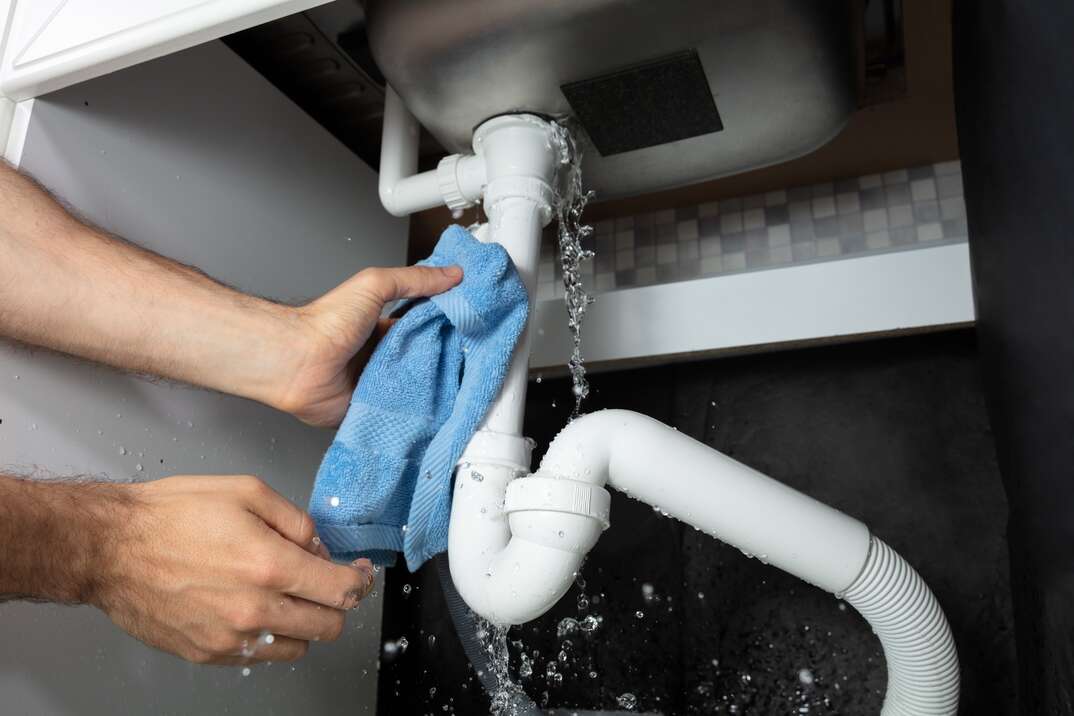Male Hand s Holding Blue Napkin Under Leakage Pipe