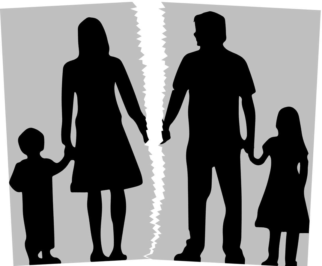 An illustration shows the silhouette of a family being split apart by a tear down the middle with the mother and her young son holding hands on one side of the bisected image and the dad and his daughter holding hands on the other, family, divorce, divorce law, divorce lawyer, divorce attorney, lawyer, attorney