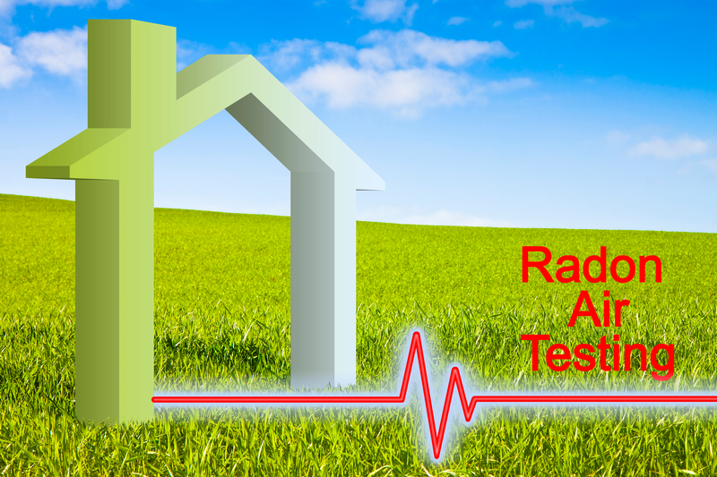 Graphic rendering shows the outline of a house against a blue sky and sitting atop an expanse of green grass with the words Radon Air Testing and a red line of measurement running underneath, house, radon inspection, radon testing, radon, testing, radon air testing, grass, green grass, blue sky, graphic, graphic rendering, sky, house, home, safety, air quality, air, environmental services