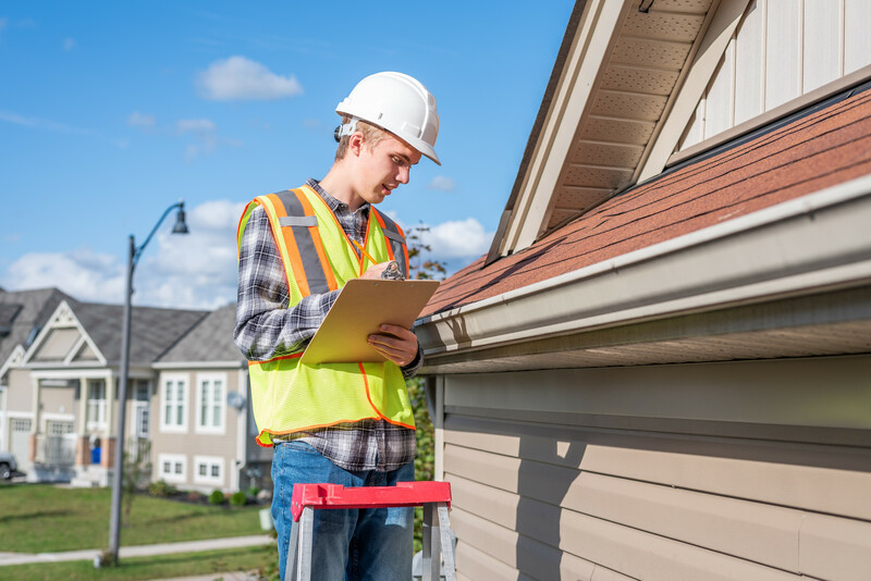 A home inspector wearing a white hardhat and yellow safety jacket stands on a ladder holding a clipboard as he examines the gutters of a house in a suburban neighborhood under a blue sky with scattered white clouds in the background, home inspector, inspector, suburban neighborhood, neighborhood, blue sky, white clouds, gutters, downspouts, shingles, roof, roofing, gutter inspection, checking gutters for damage, checking gutters