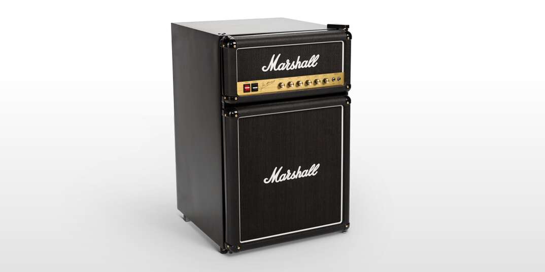 a manufacturer supplied photo of a Marshall Medium Capacity Bar Fridge that mimics the look of the iconic marshall stack amplifier 