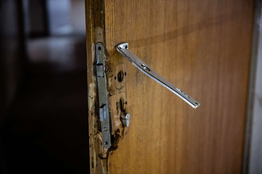 Broken home doors after burglary. Home insurance concept