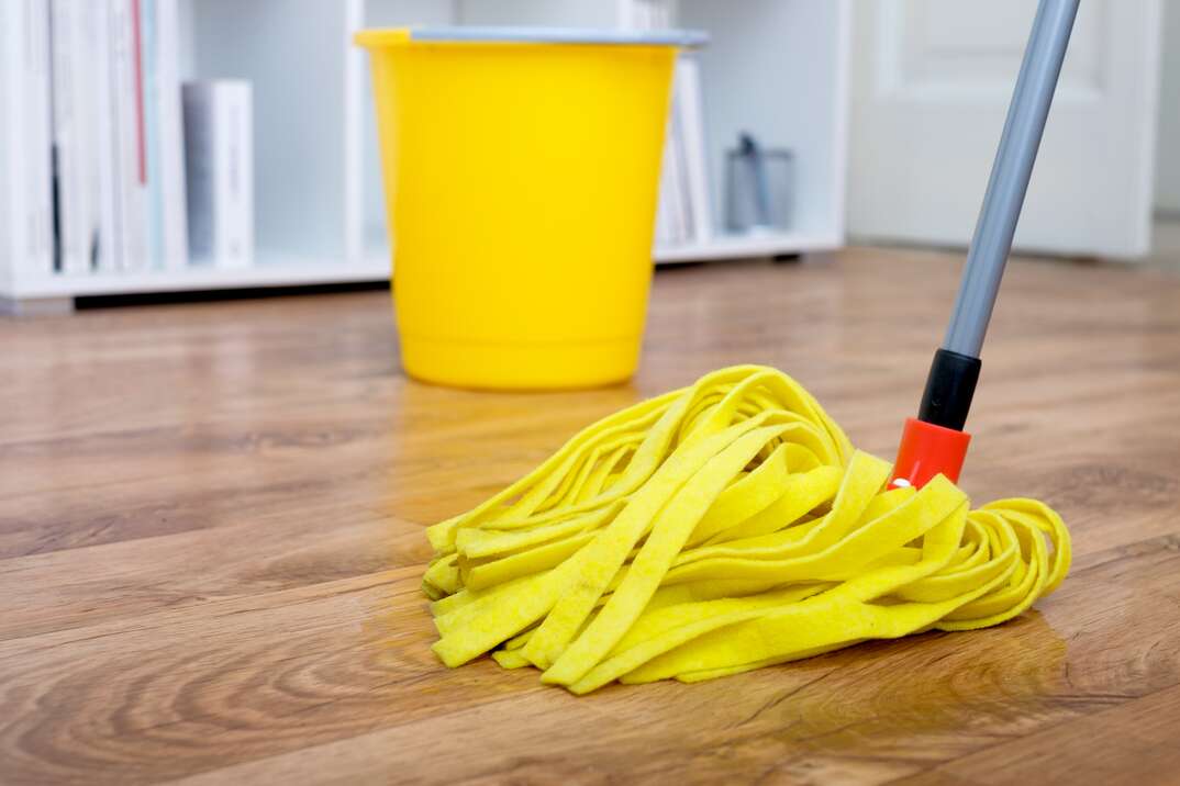 mop and bucket of water sit on a hardwood laminate floor awaiting mopping