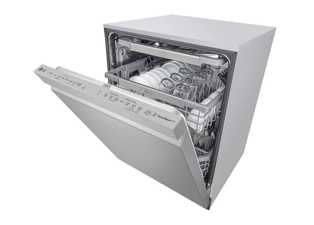 A stainless steel LG brand smart dishwasher with its door open and visible dishes inside is set against a white background