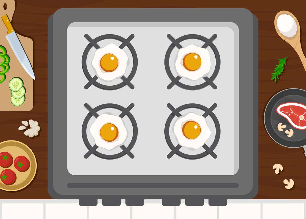 Illustration of a gas stove with eggs instead of stove eyes