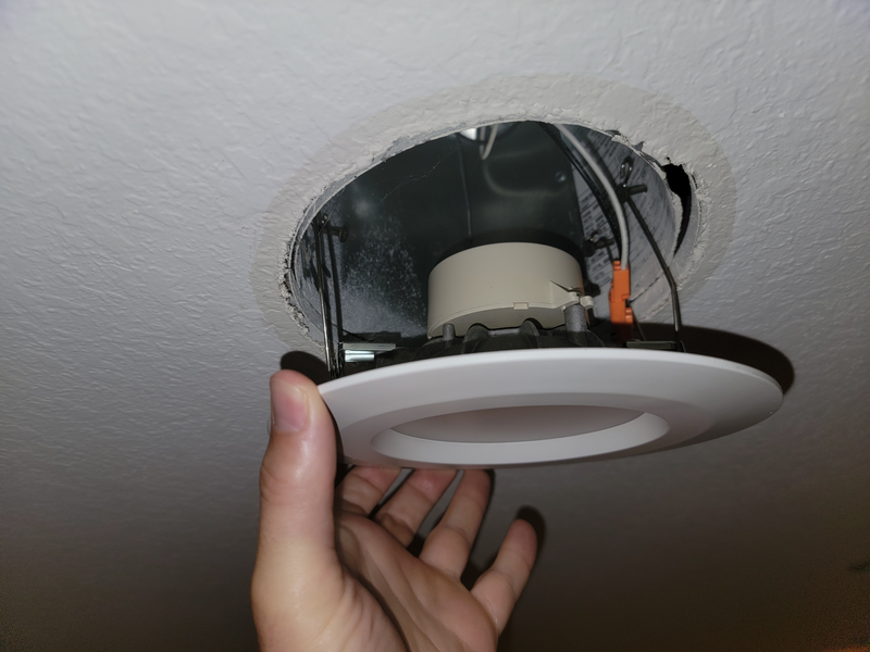 ceiling light, installing ceiling light, recessed light, kitchen, domestic kitchen, white, hand, human hand, wires, electrical wires