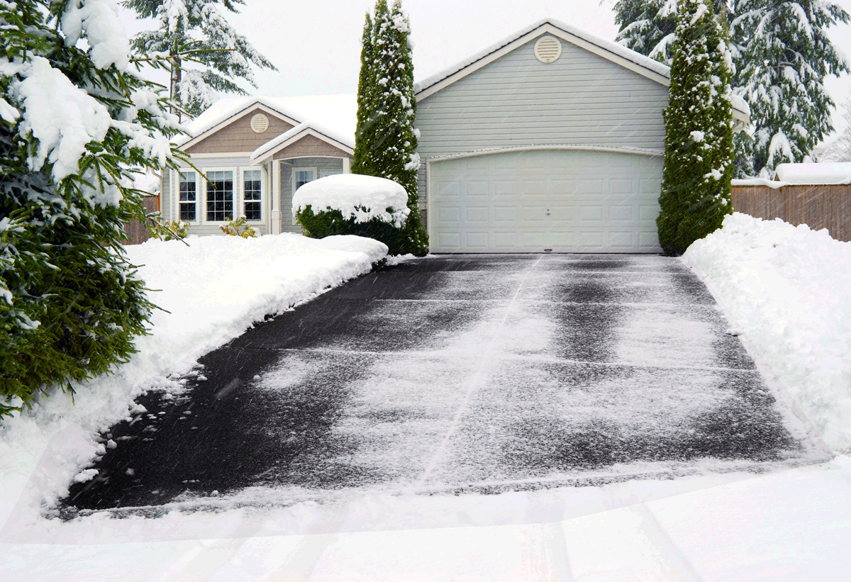 graphic simulation and animation of a snow covered driveway that is slowly becoming clear of ice