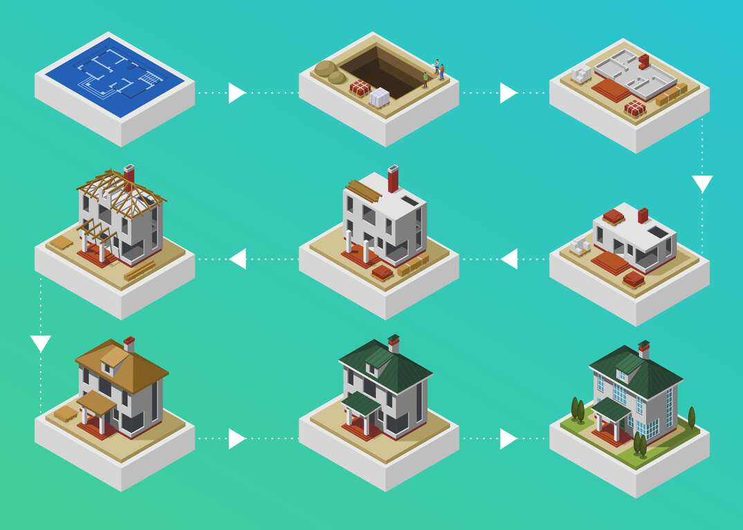 illustration of the progression of building a house