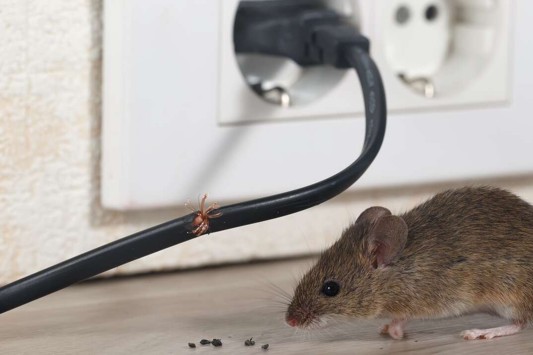 Closeup mouse sits near chewed wire  in an apartment kitchen on the background of the wall and electrical outlet . Inside high-rise buildings. Fight with mice in the apartment. Extermination. Small DOF focus put only to wire.