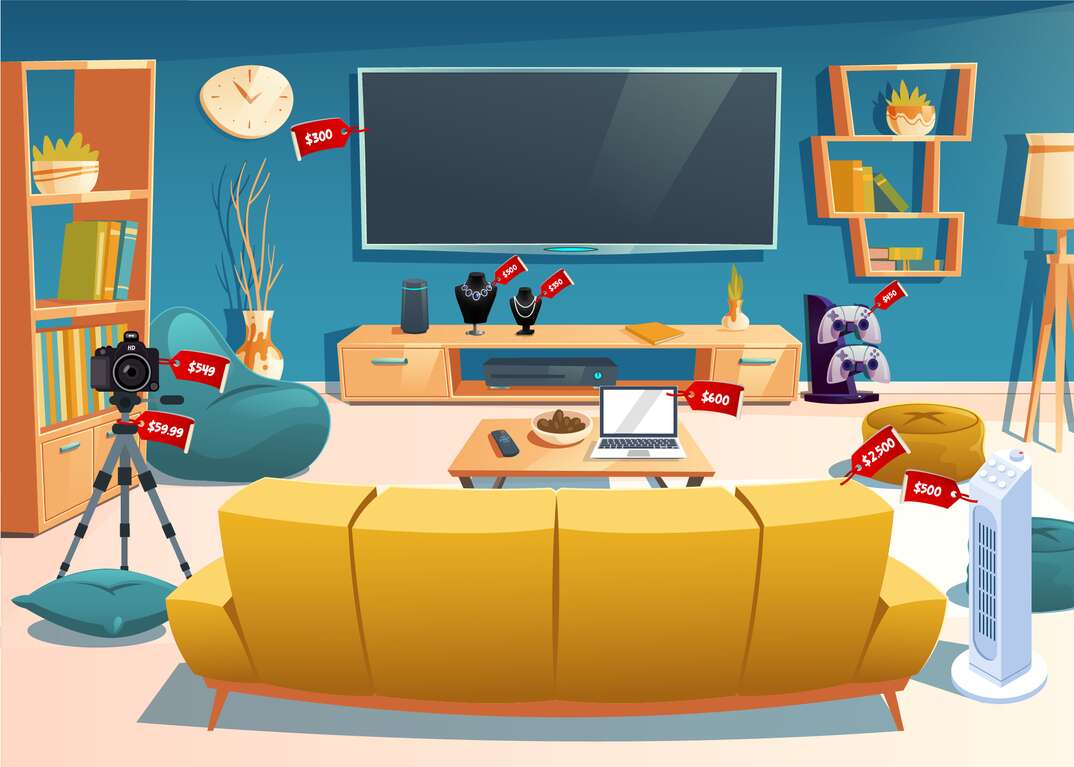 illustration of a living room with price tags attached to various items