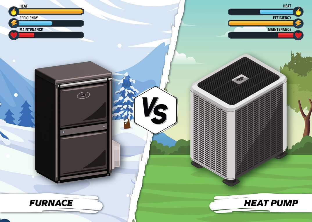 illustration of a furnace vs a heat pump showing the pros and cons of each