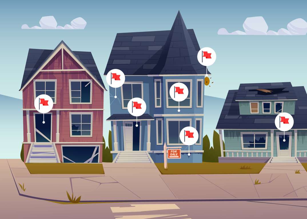 illustration of homes on a street with red flags over potential problem areas