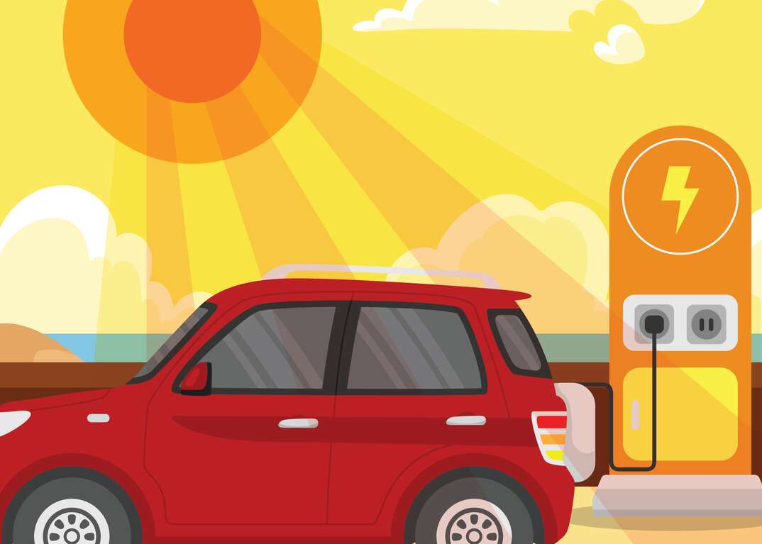 Illustration of a red electric car in the sun plugged in and charging