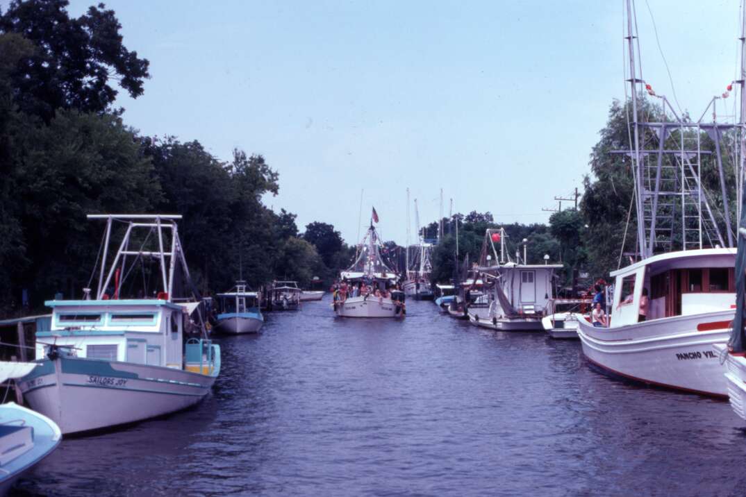 A bunch of recreational boats crowd a waterway with trees and blue skies in the background, boat, boats, motorboat, sailboat, river, riverboat, trees, blue sky, blue skies, canal, waterway, river bank