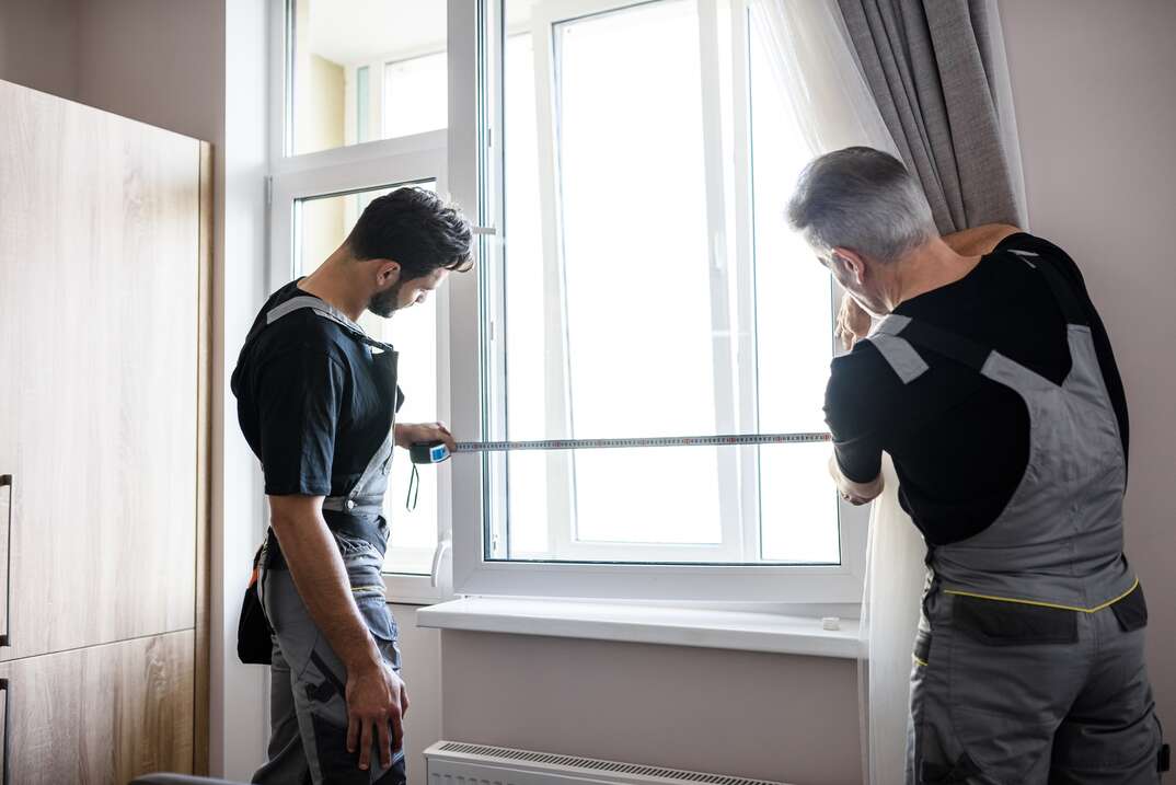 Two professional workers in uniform using tape measure while measuring window for installing blinds indoors. Construction and maintenance concept. Focus on young man. Horizontal shot