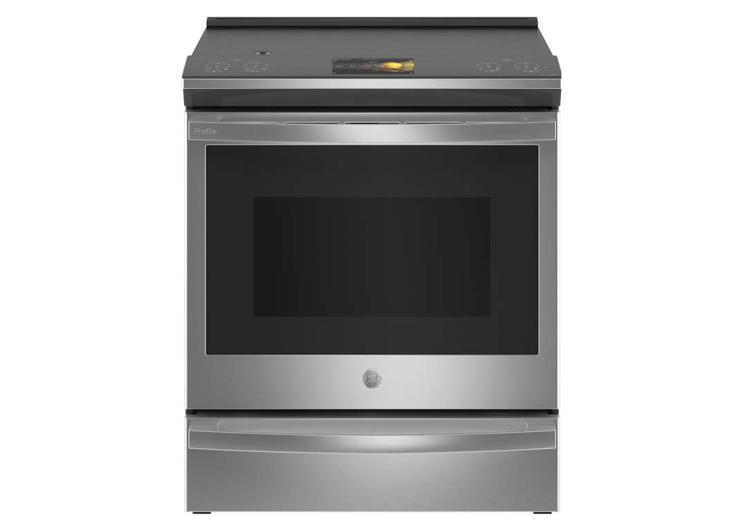 A stainless steel GE brand smart range sits against a white background