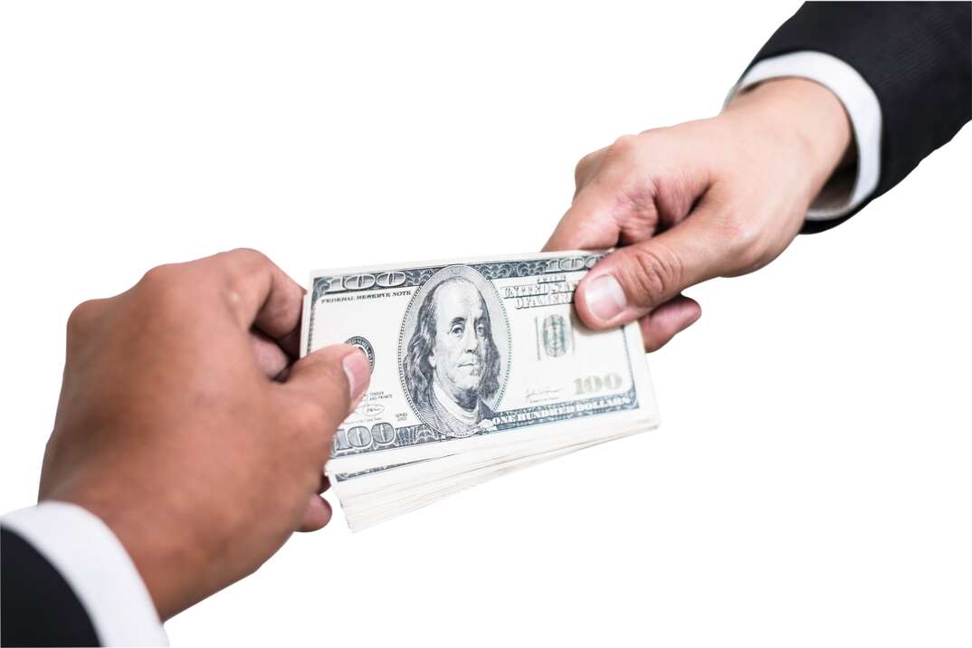 Two hands of men ostensibly wearing suits enter the frame from opposite sides against a white background as they engage in a tug of war for a stack of one hundred dollar bills, white background, tug of war, one hundred dollar bills, hundred dollar bills, money, cash, Benjamin Franklin, human hands, hands, pulling, suits, wearing suits, wearing a suit