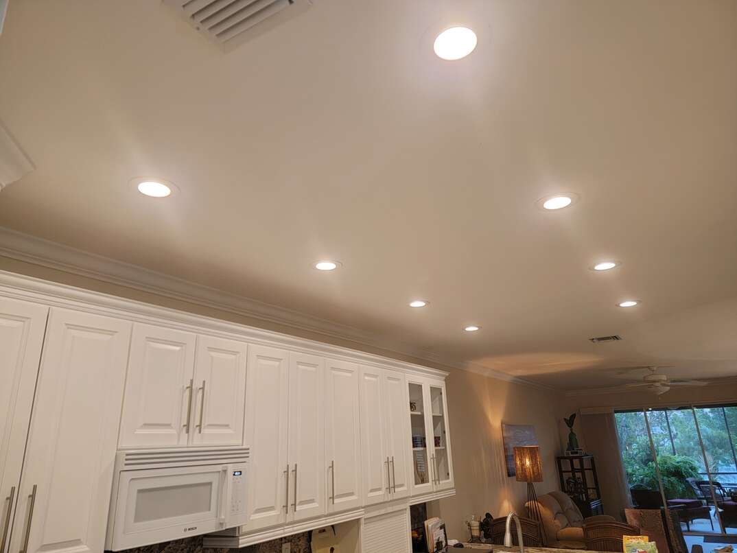 ceiling lights, lights, kitchen, kitchen lights, kitchen ceiling, lights on, recessed lights, recessed lighting, cabinets, white cabinets, kitchen cabinets, white kitchen cabinets, microwave, white microwave, appliance