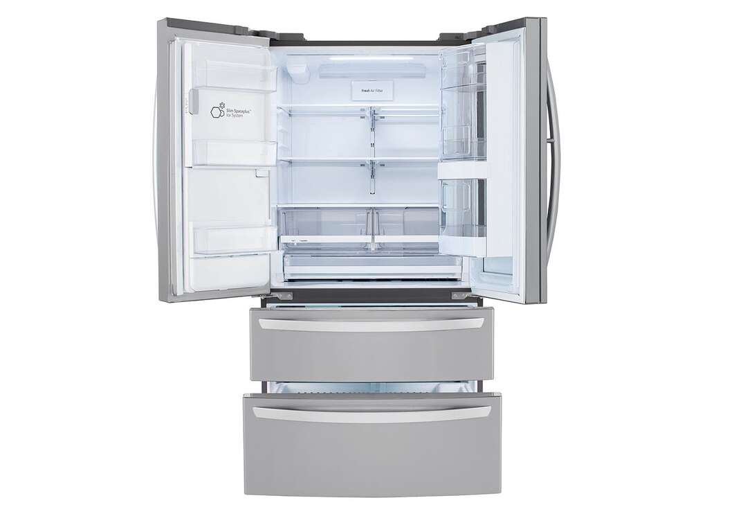 Stainless steel LG brand refrigerator with two doors and two drawers sits against a white background