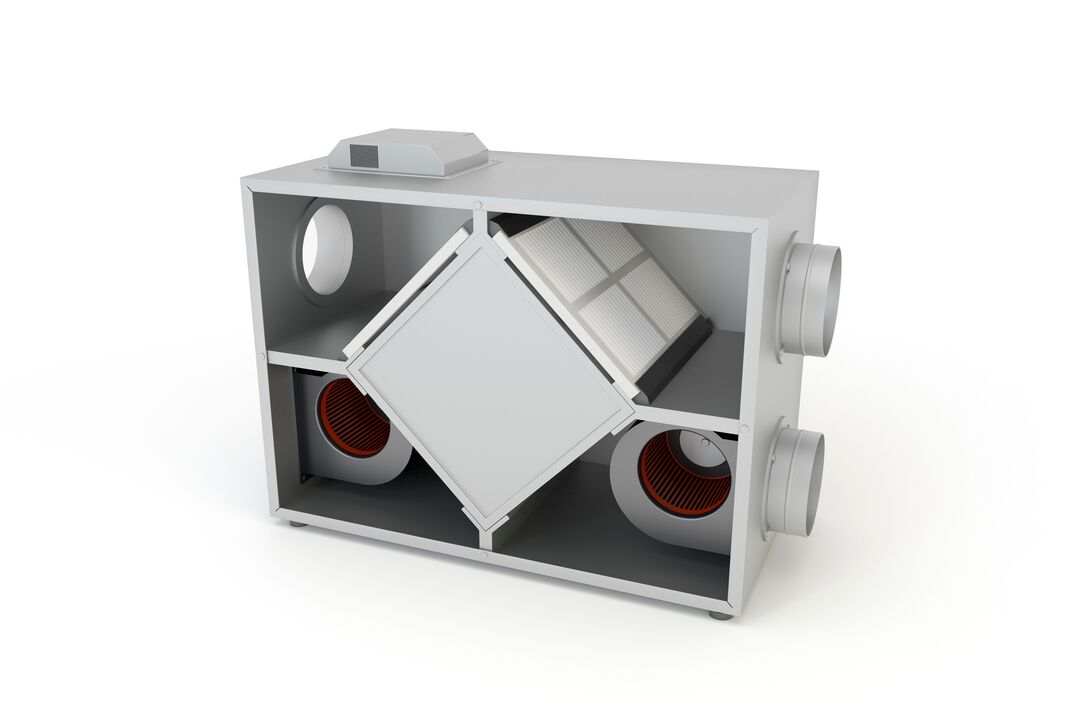 An energy recovery ventilation system is shown against a white background as a cutout image showing the rectangular housing of the device with a diamond shaped box in the center of the interior and two round portals on each end, energy recovery ventilation system, HVAC, heating ventilation and air conditioning, air conditioning, AC, heat, heater, heating, home heating, ventilation, air conditioner, climate control, air circulation, white background