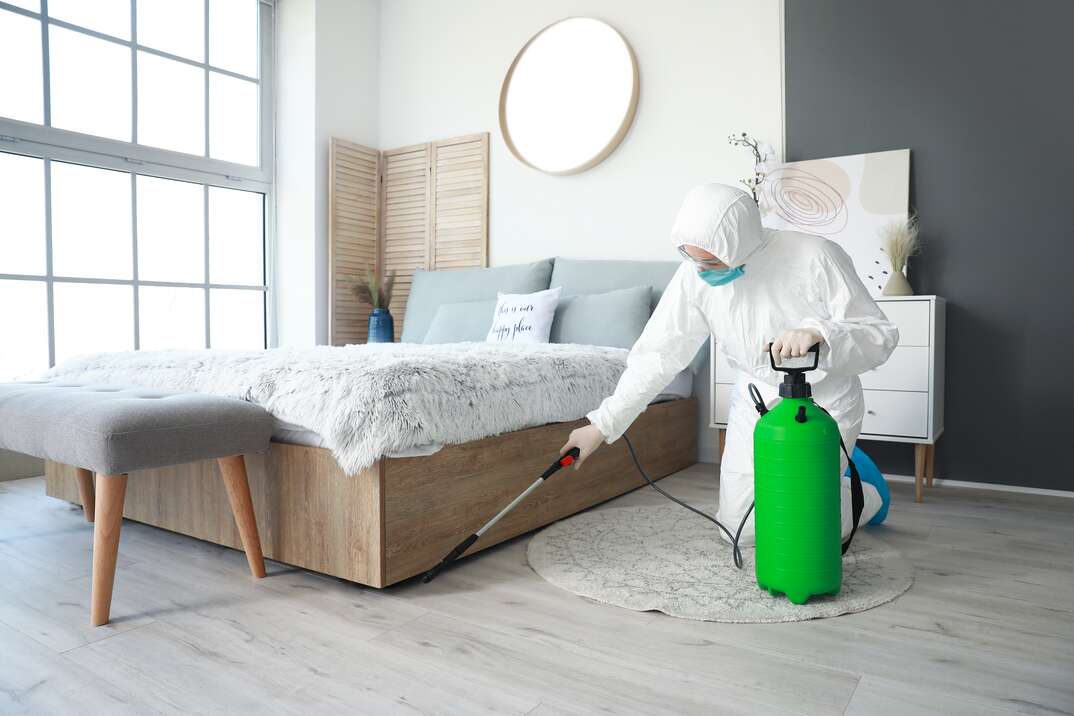 An exterminator wearing a white hazmat suit kneels down beside a bed in a household bedroom and uses fumigation equipment including a sprayer arm attached by a hose to a green canister, natural light, windows, bedroom, bed, household, home, house, exterminator, fumigation, equipment, canister, sprayer, pest control, pests, insects, bugs, critters