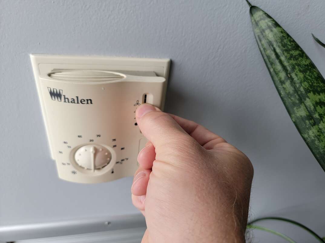 Human hand adjusting thermostat on a gray wall with a green snake plant in the photo