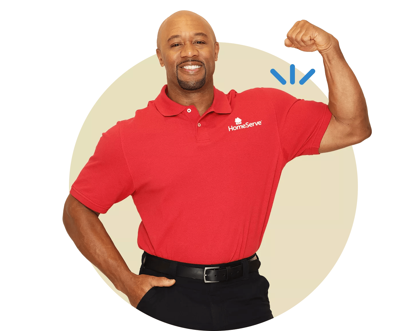HomeServe technician in a red shirt flexing his bicep and looking strong